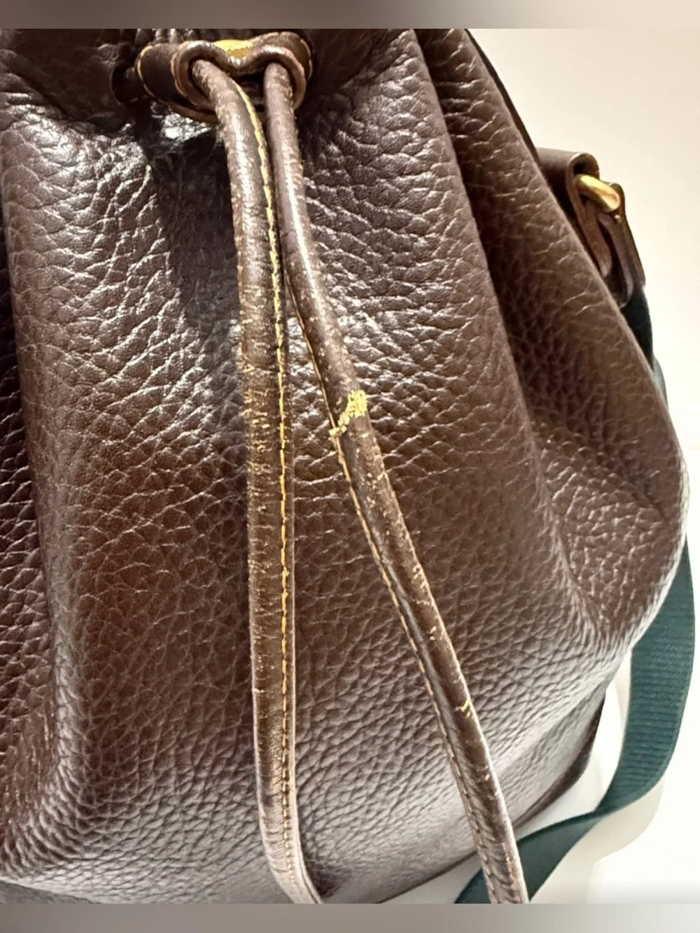 Vintage Bally Pebbled Leather Bucket Bag Drawstring & Hunter Green Canvas Strap